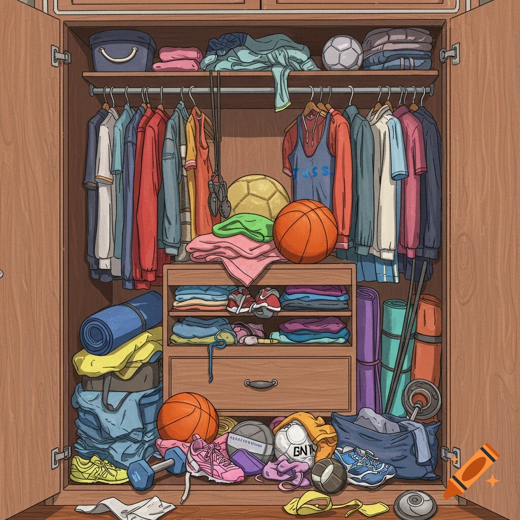 A messy open closet filled with clothes, sports gear, and shoes.