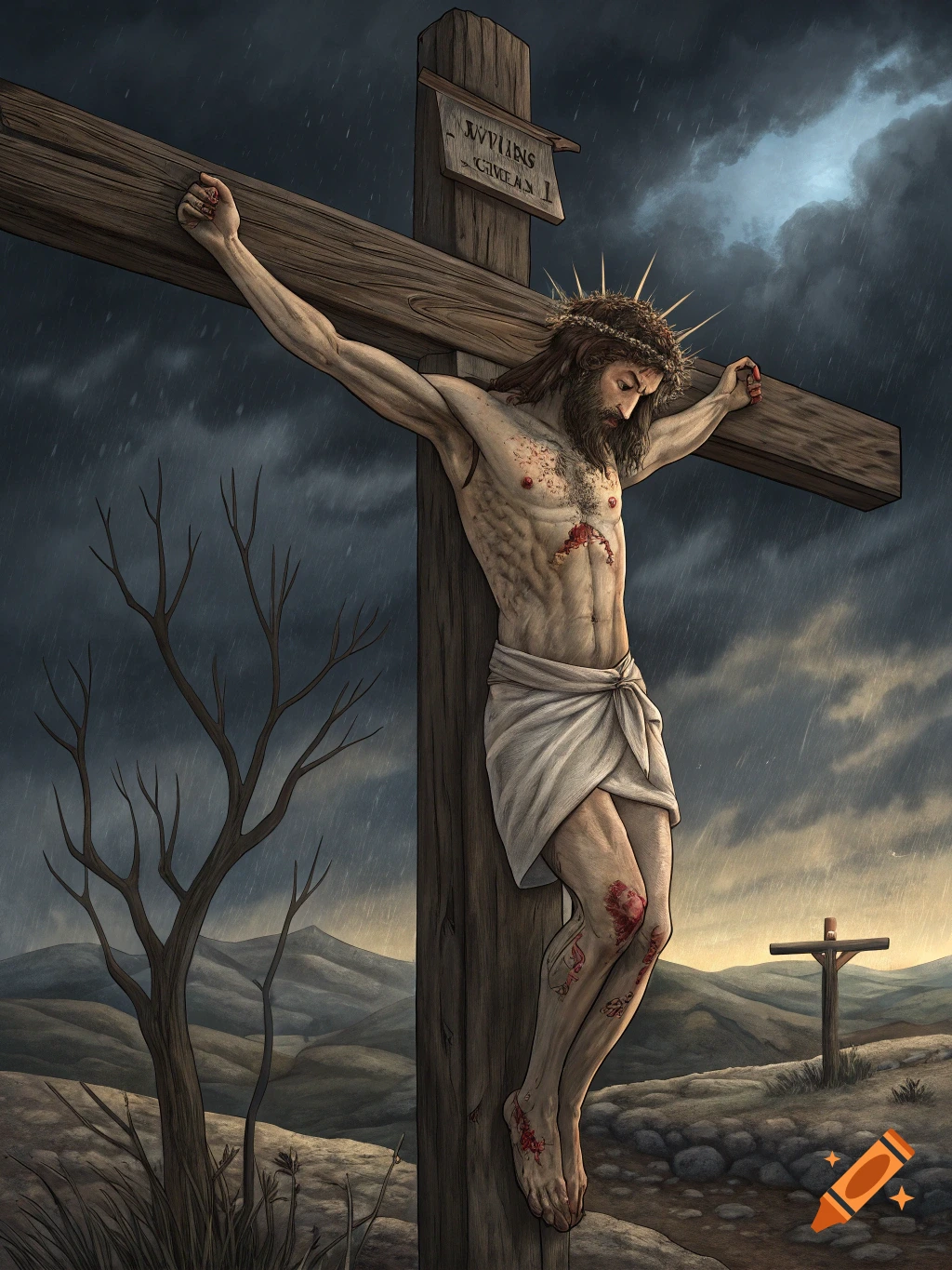 Illustration of Jesus on the cross in a storm.