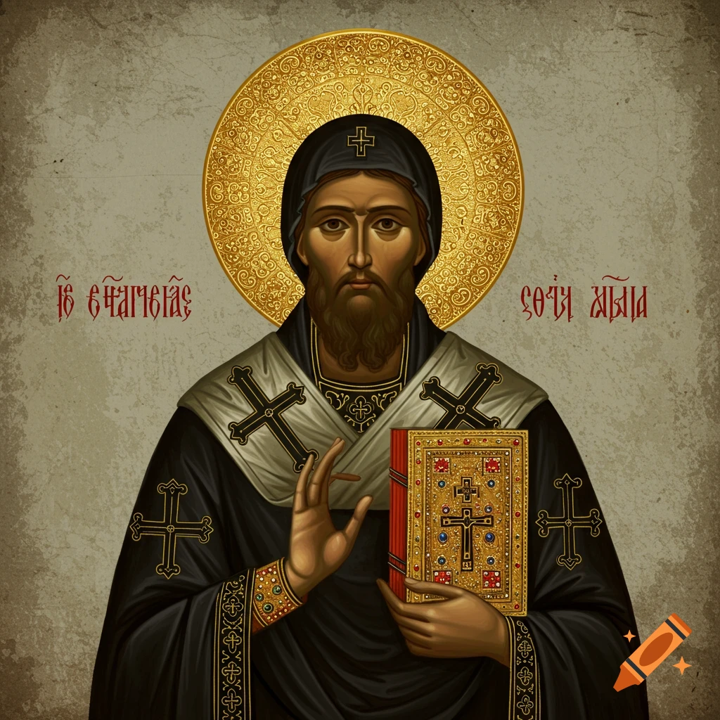 Eastern Orthodox style icon of a male saint with a golden halo, holding an ornate book.