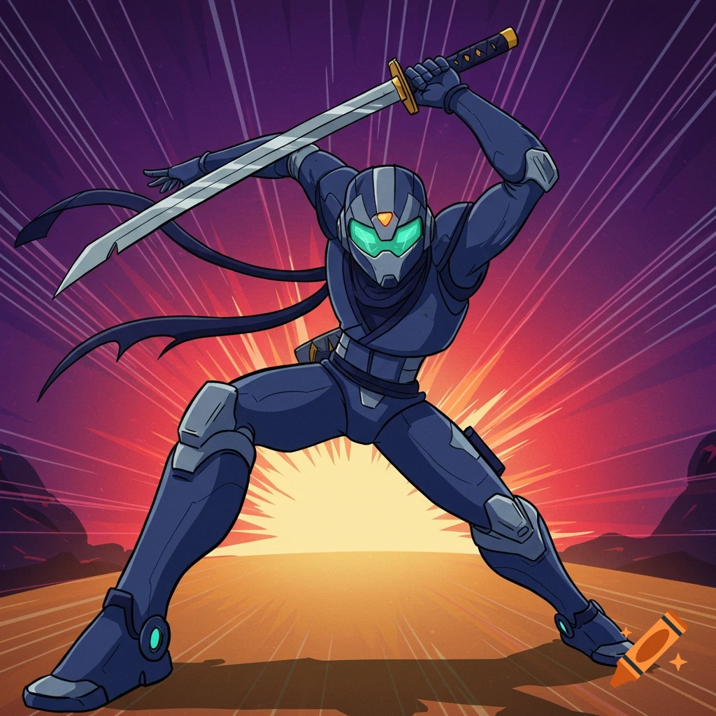 A futuristic robot ninja in a dynamic pose with a sword against a sunburst background in a cartoon style.