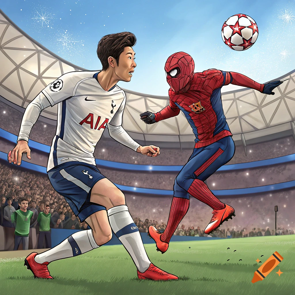 Comic illustration of Son Heung Min playing soccer against Spiderman in a stadium.