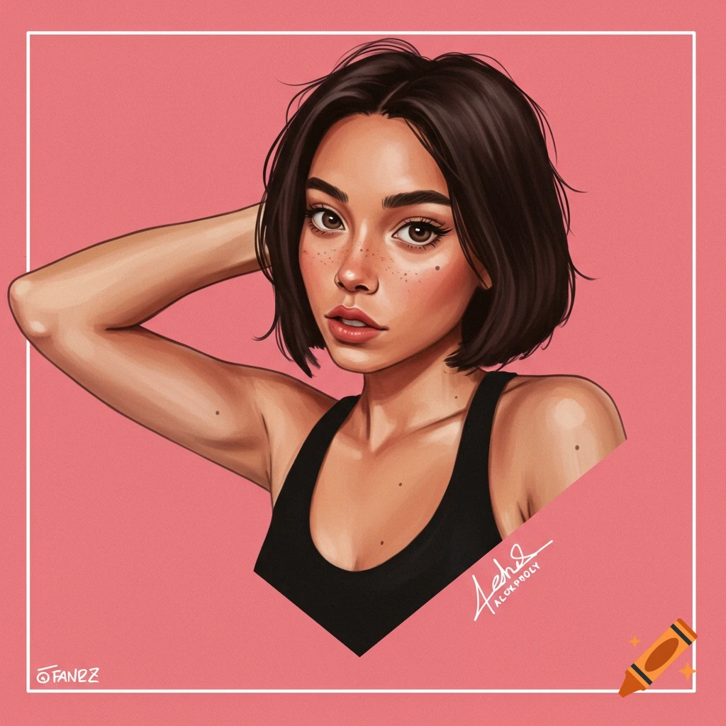 Painting of a woman with short brown hair, freckles, and a black tank top on a pink background.