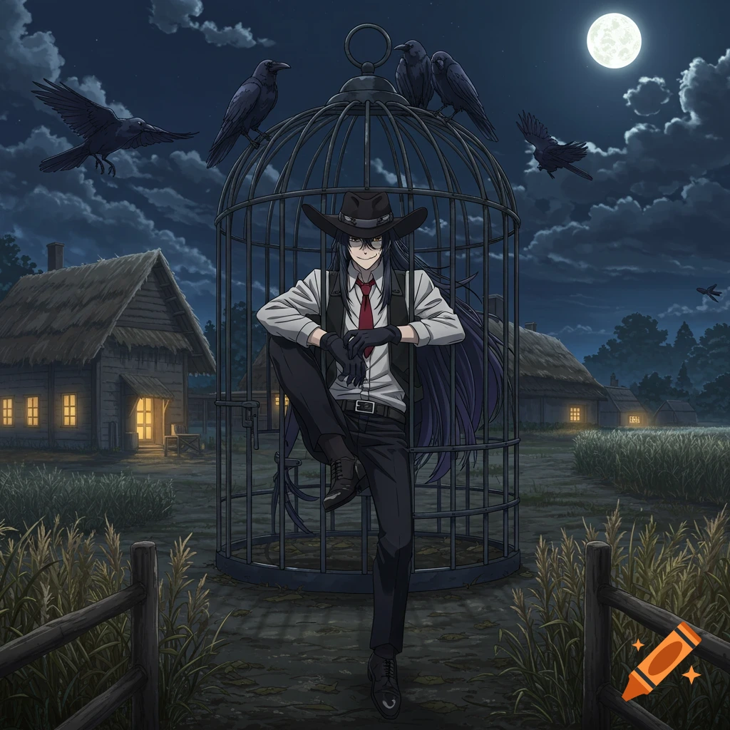 Anime art of a man in a cage with ravens in a village at night under a full moon