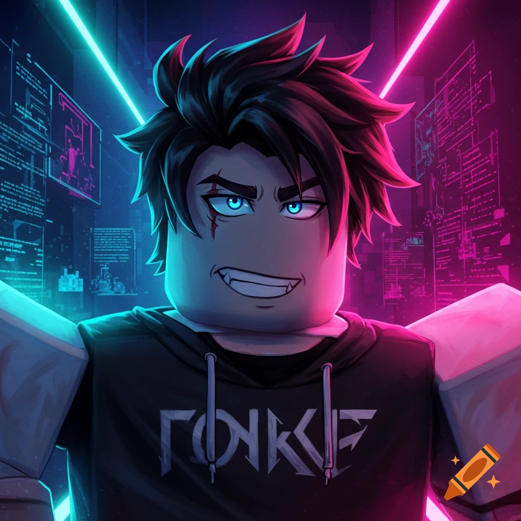 a Roblox-style character with blue eyes and face scratches, wearing a dark hoodie with distorted text, against a neon cyber background.