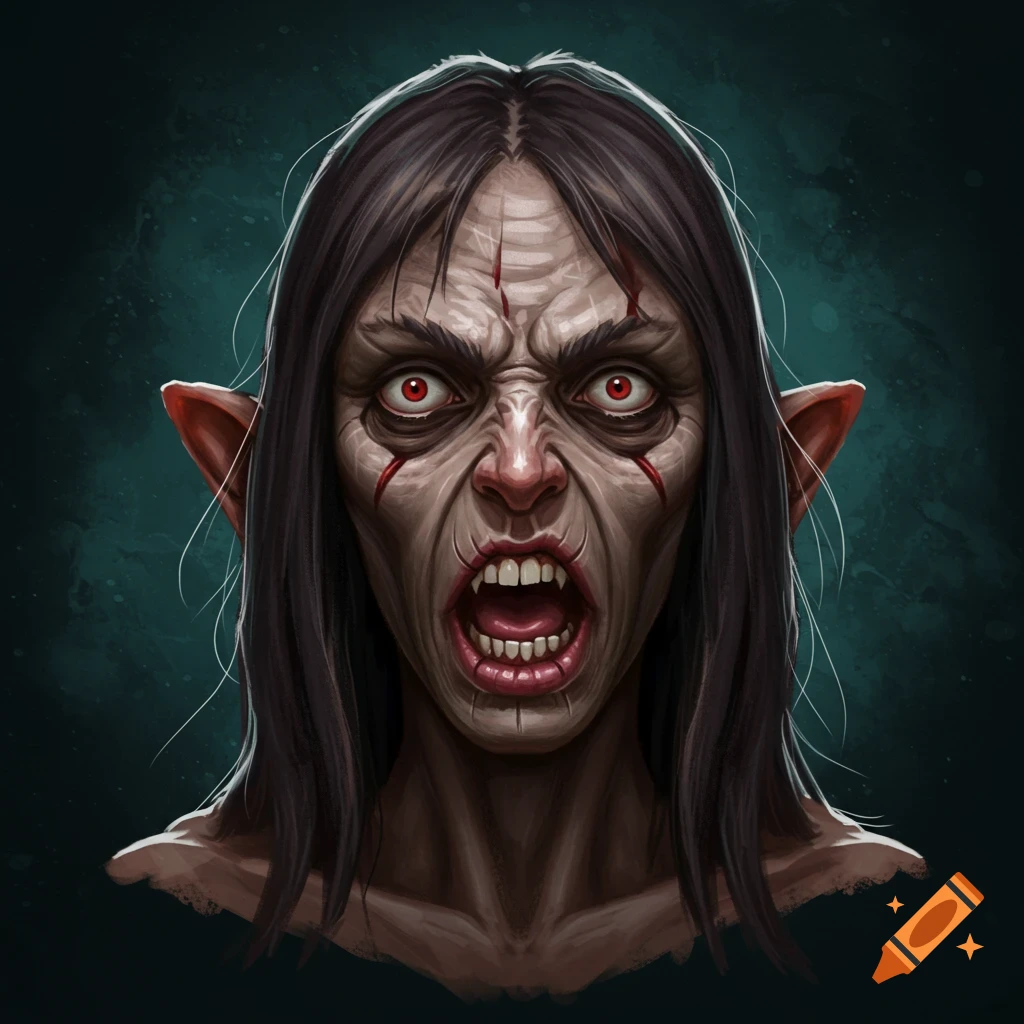 A scary monster with red eyes, sharp teeth, and scratches.