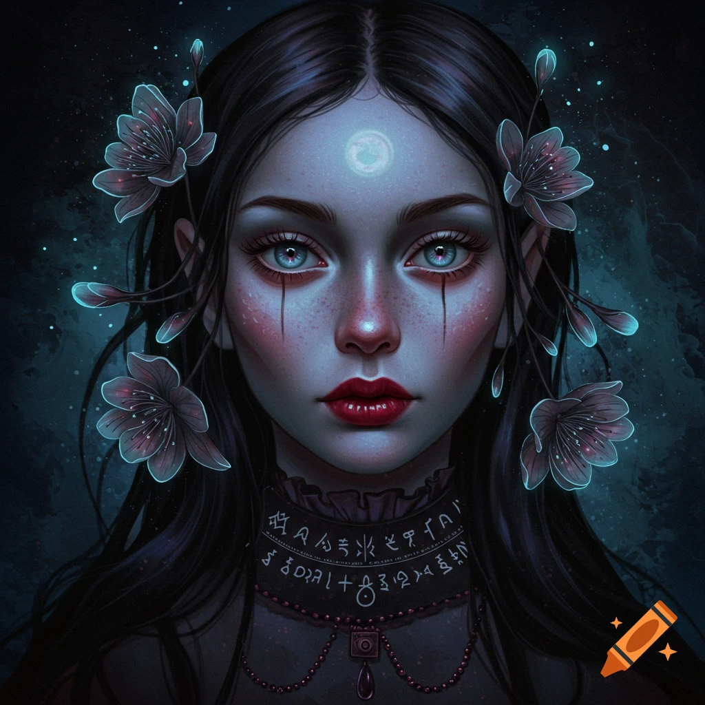 Dark surrealist portrait of a woman with glowing flowers and symbolic choker