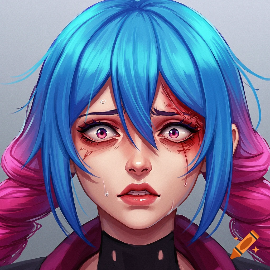 Portrait of an anime character with blue and pink hair and a head injury.