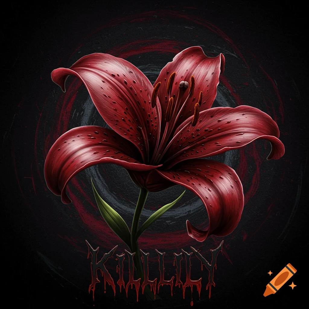 A dark image of a red lily flower with dripping metal-style text reading "KILLLILY" below it.