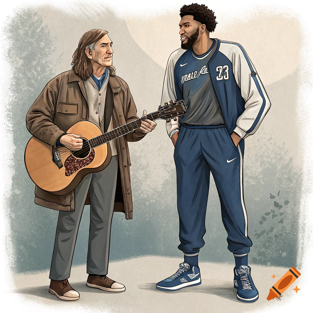 Illustration of a man playing a guitar next to a man in a basketball jacket.