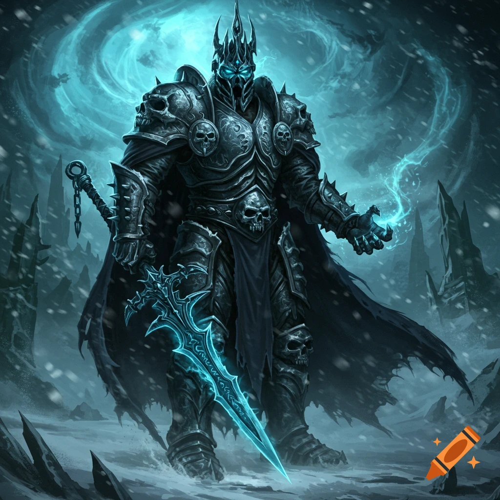 The Lich King in a snowy landscape, wielding a glowing sword.