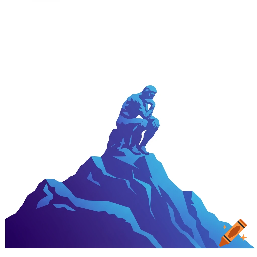 A blue vector graphic of The Thinker statue sitting on a stylized mountain.