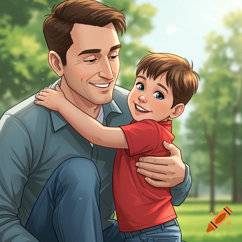 Illustration of a father and son hugging in a park.