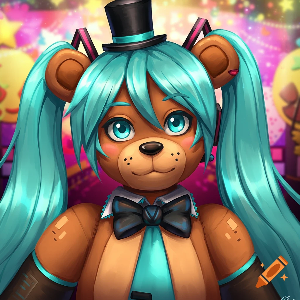 Cartoon bear character with teal pigtails, top hat, and bow tie against a party background.