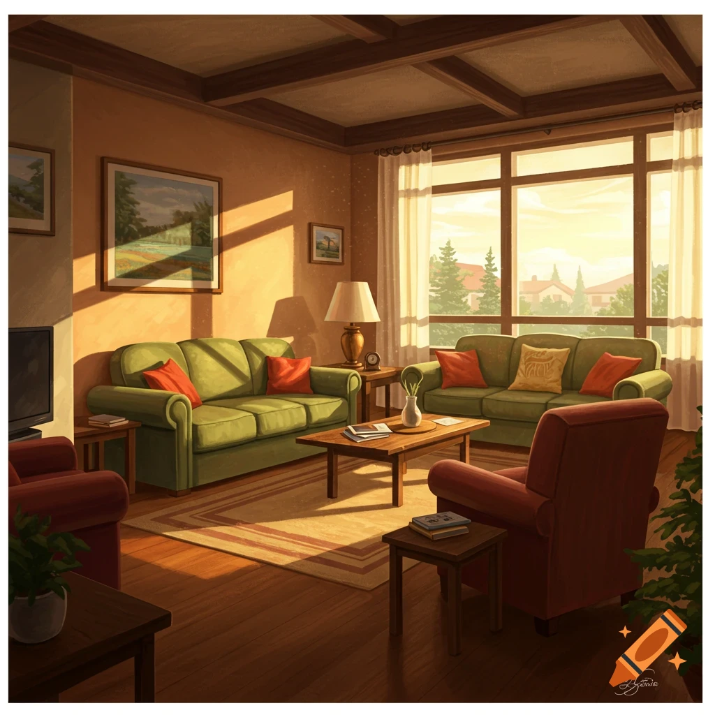 A cozy living room with green sofas, red chairs, and a large window overlooking a town.