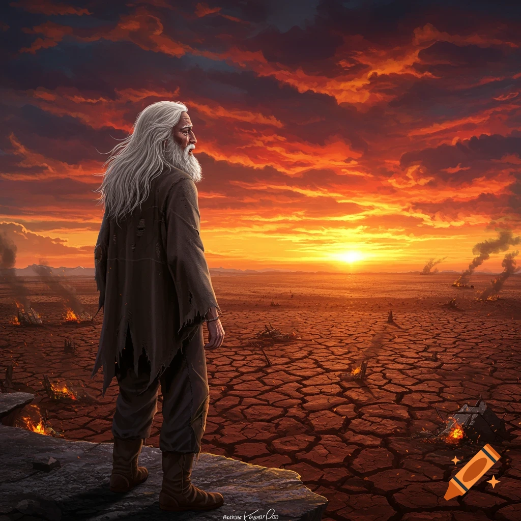 An old man stands on a cliff overlooking a cracked, ruined landscape under a fiery apocalyptic sunset sky.