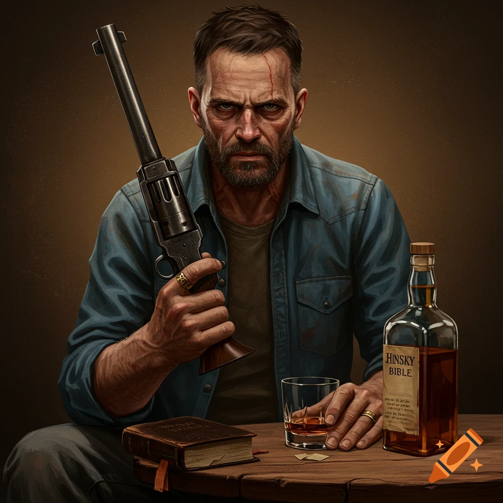A man holds a gun, with a bible and bottle of whiskey on a table.