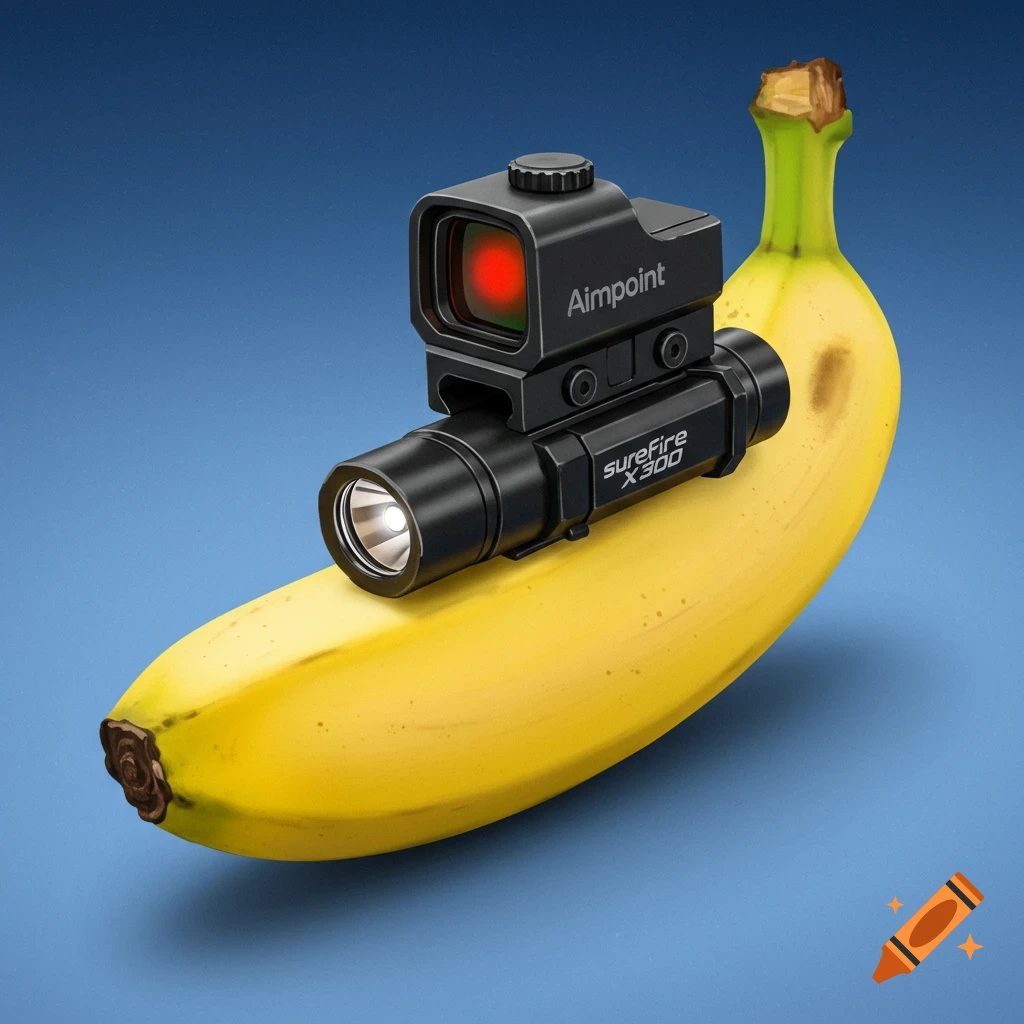 A banana with a red dot sight and tactical flashlight mounted on it.