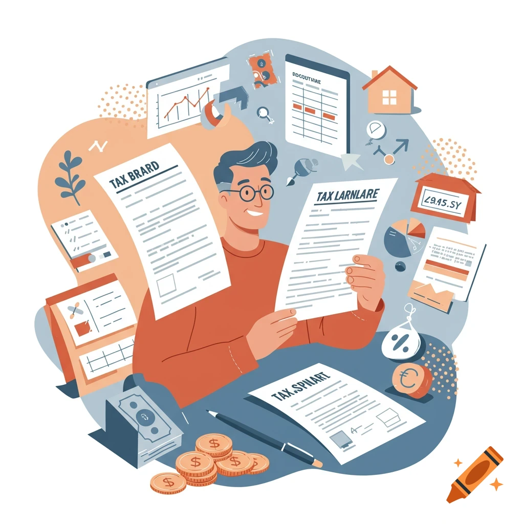 Flat illustration of a man reviewing tax documents, surrounded by finance icons like money, a house, and charts.