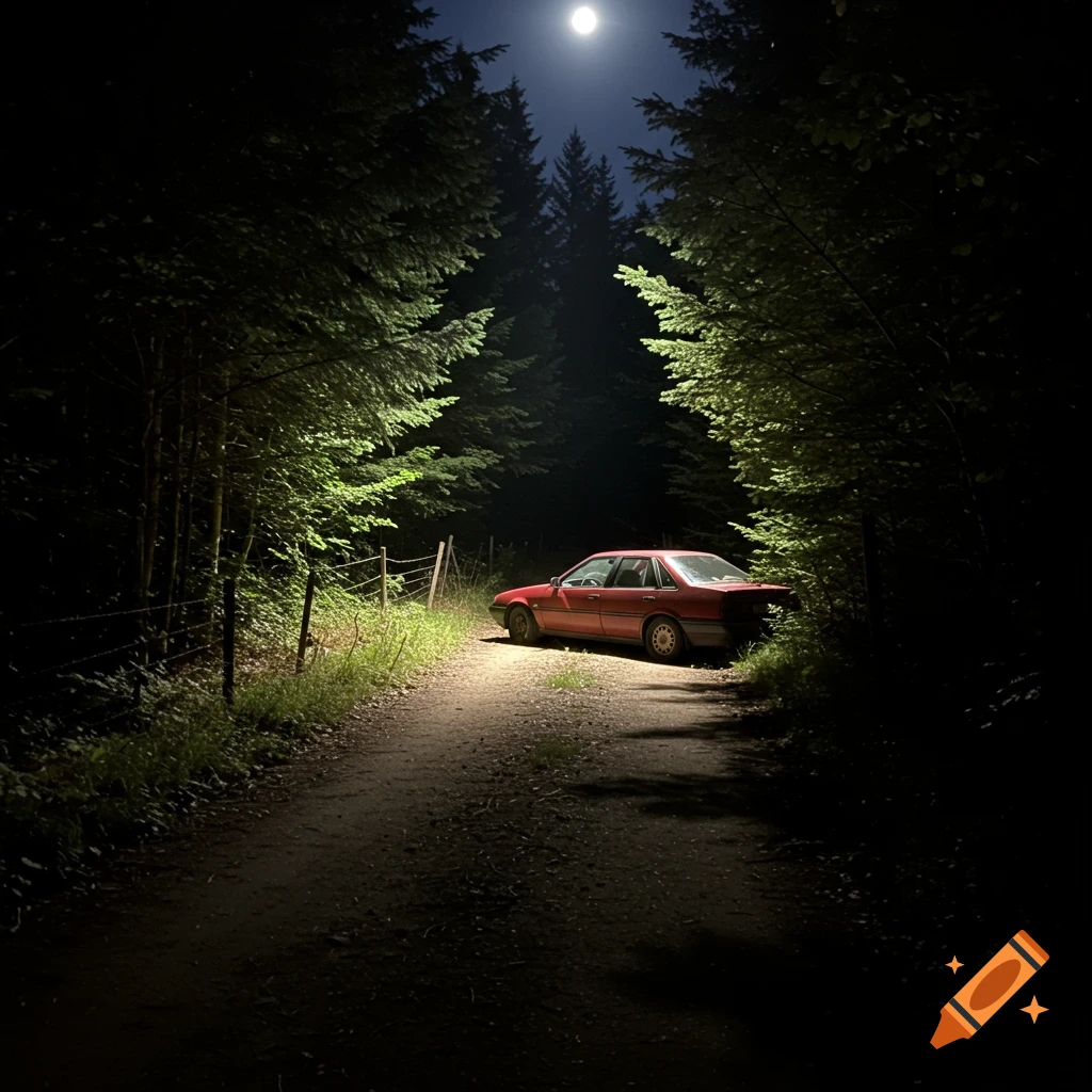 Red car parked on a dirt road in a dark forest at night, lit by the moon.