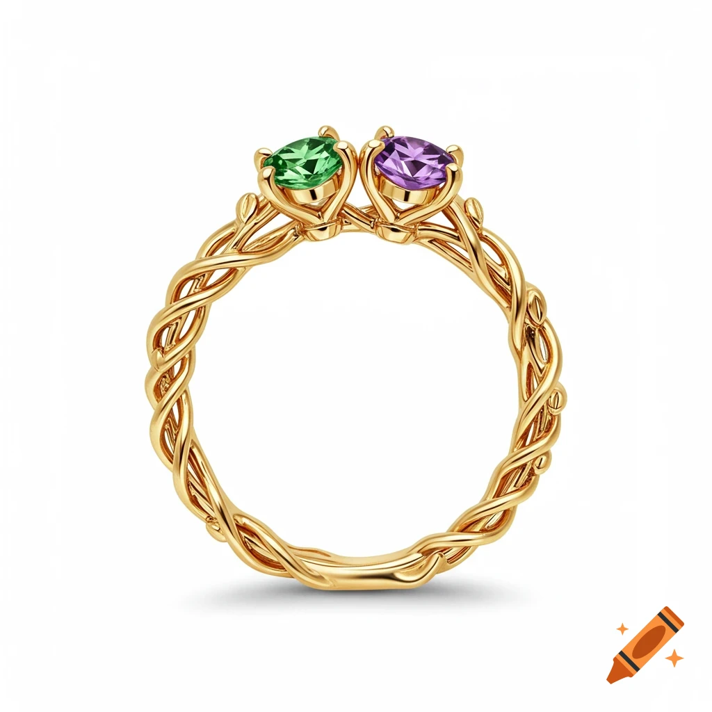 Gold ring with a twisted vine band holding green and purple gemstones, clip art style.