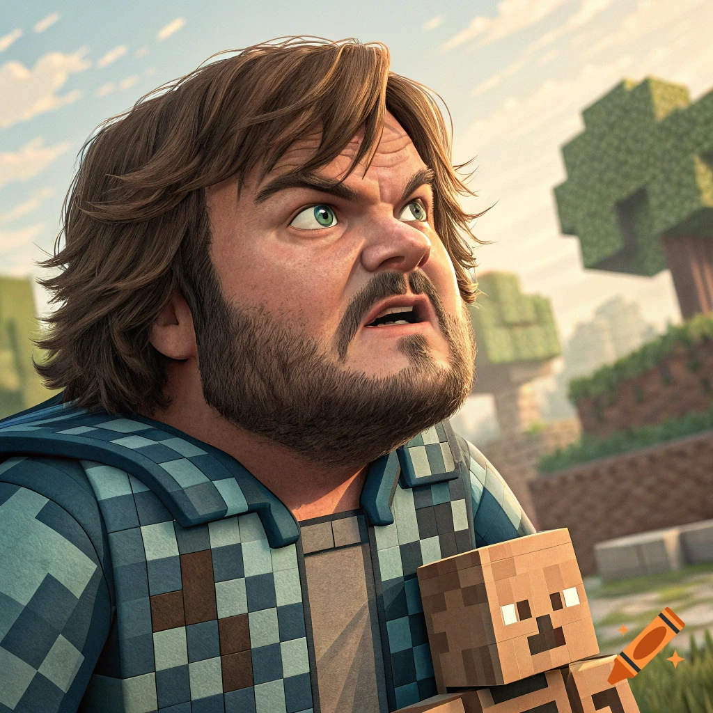 Realistic portrait of Jack Black in a Minecraft world, holding a Minecraft creature cub.