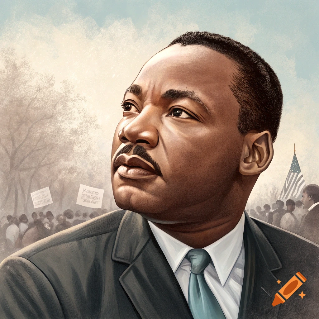 Portrait of Martin Luther King Jr. looking upwards, with a crowd and US flag behind him.
