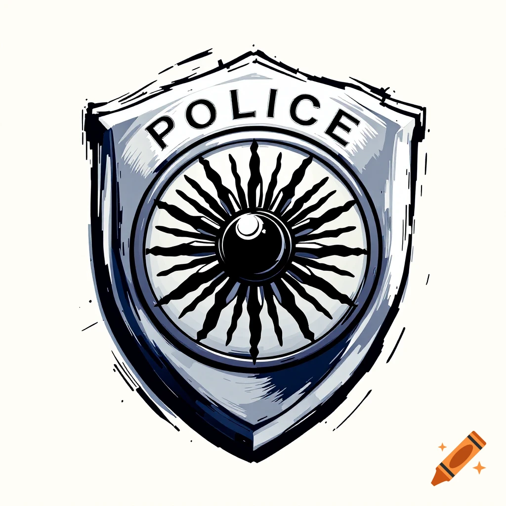 A police badge shield with the word POLICE and a black sun symbol.