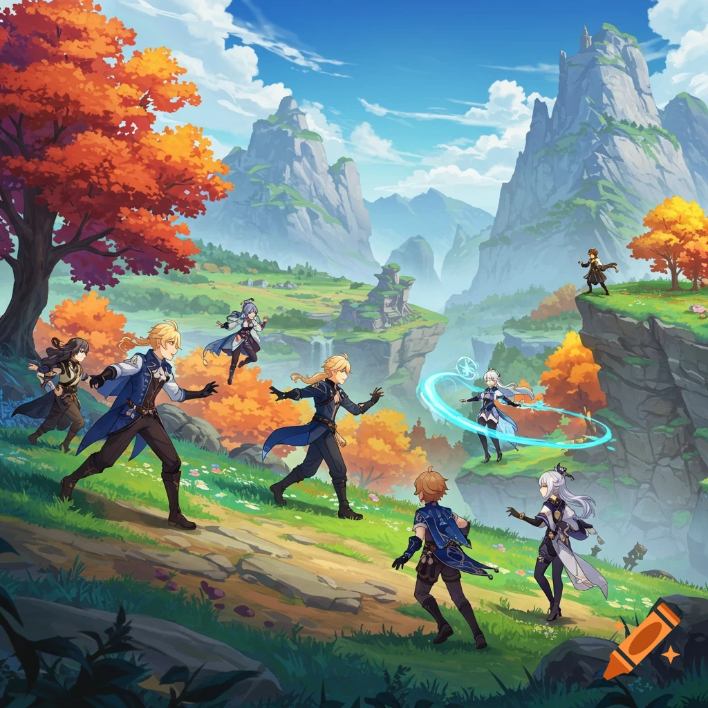 Genshin Impact characters run through a sunny mountain landscape with autumn trees.