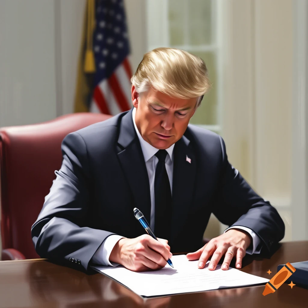 A man resembling Donald Trump sits at a desk in an office with an American flag, signing a document.