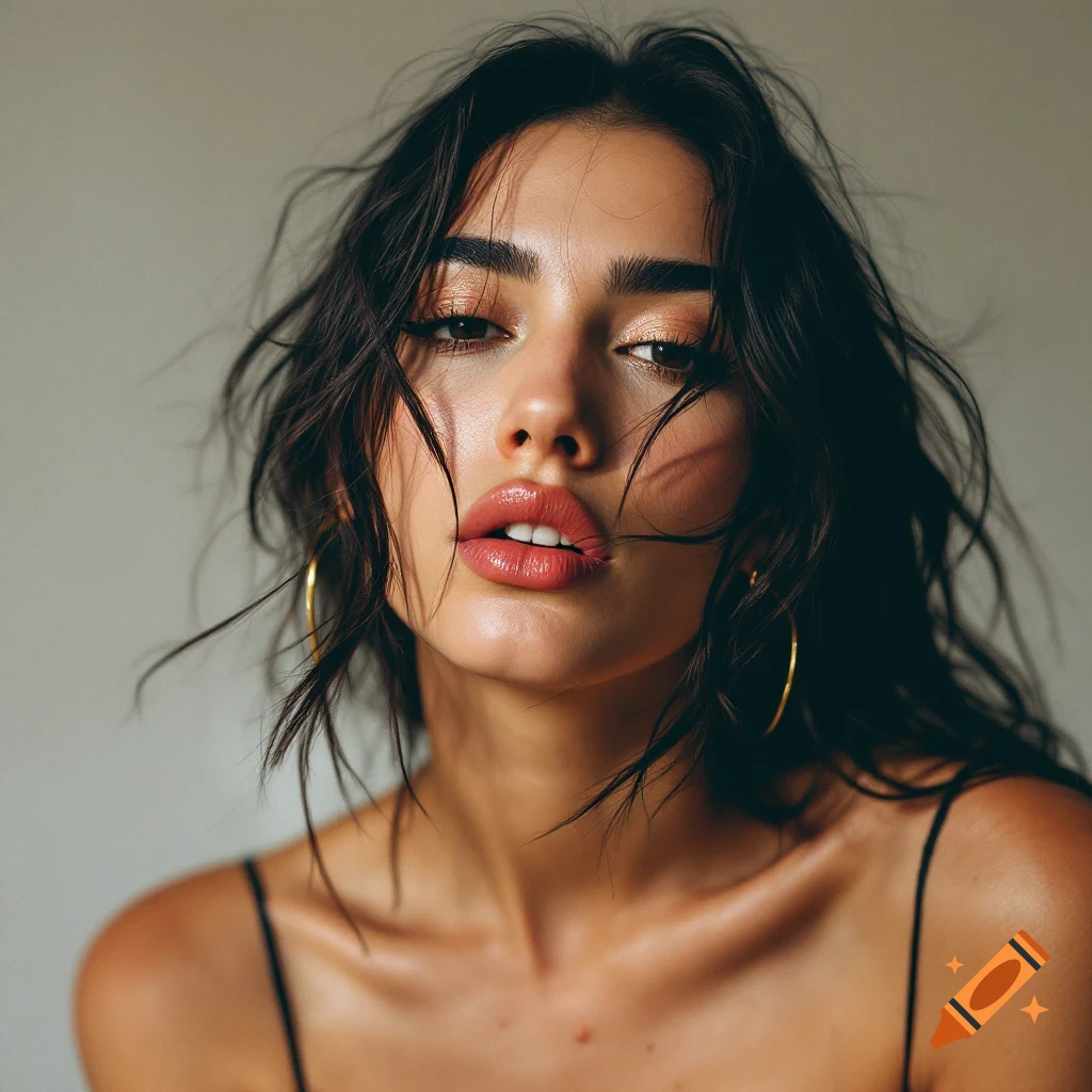Close-up portrait of a woman with dark, messy hair, dramatic eye makeup, and thin strap top.