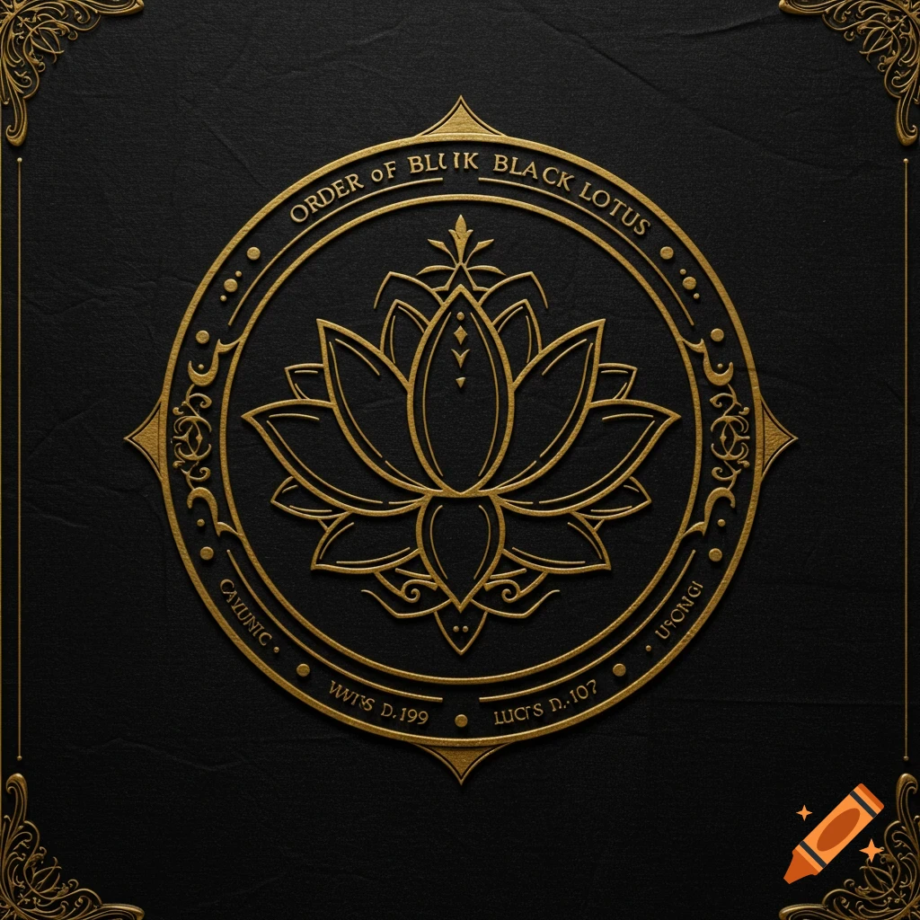 A golden emblem featuring a lotus flower inside an ornate circular frame with text, on a black background.
