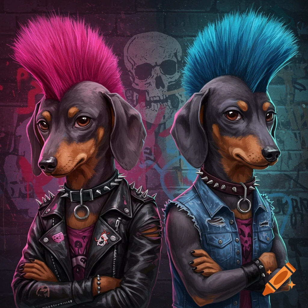Two dachshunds in punk outfits with mohawks against a graffiti wall.