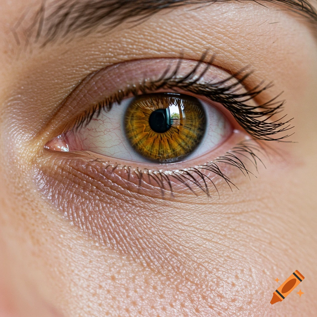 Close-up photorealistic image of an amber human eye with visible crows feet.