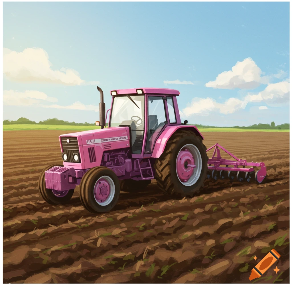 A pink tractor plowing a field under a blue sky with clouds.