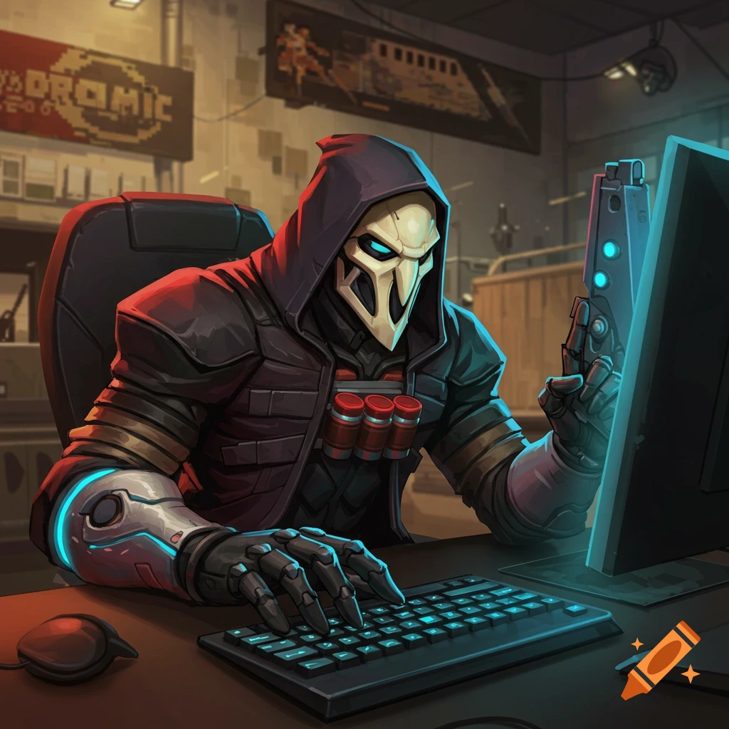 Reaper, from Overwatch, is playing a game on a computer.
