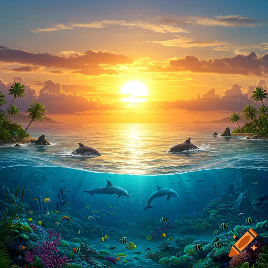 Tropical ocean split view: dolphins swim above water while others swim among a colorful coral reef below, with a sunset.