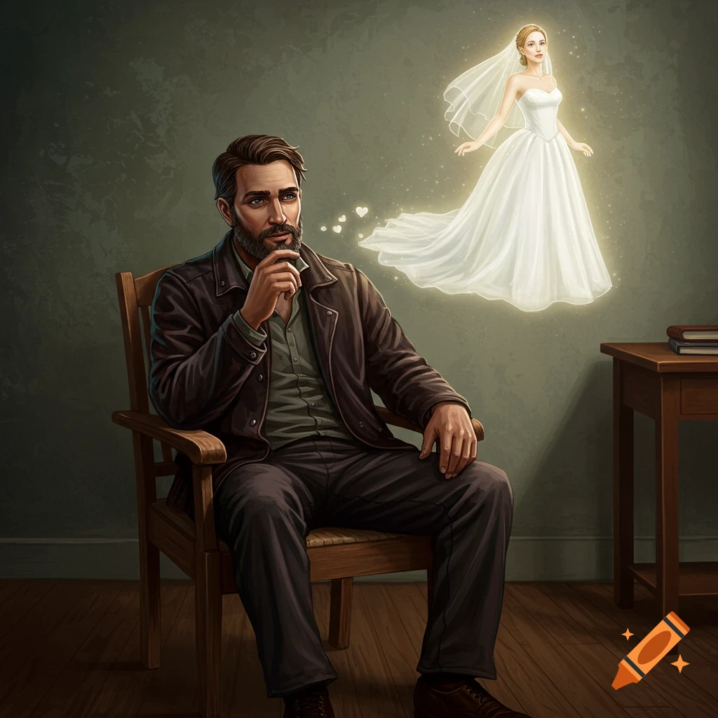 A man sits in a chair, deep in thought, as a luminous bride hovers beside him.