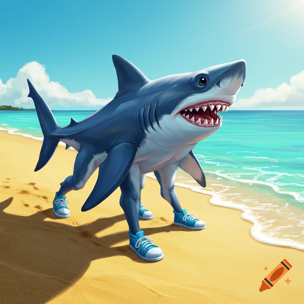 A shark with four legs and blue shoes is walking on a beach.