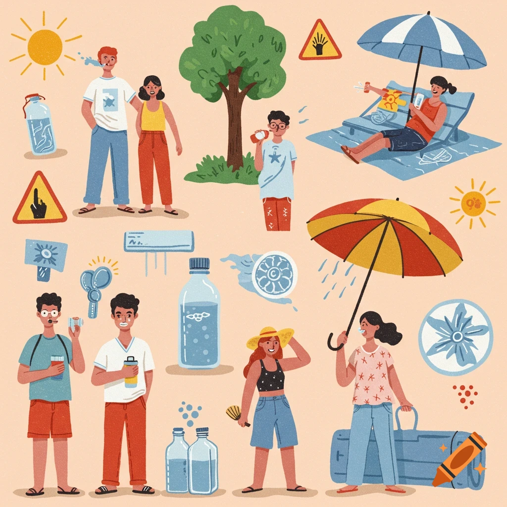 Illustration of people taking preventive measures against heat, like drinking water and using umbrellas, in a sunny setting.