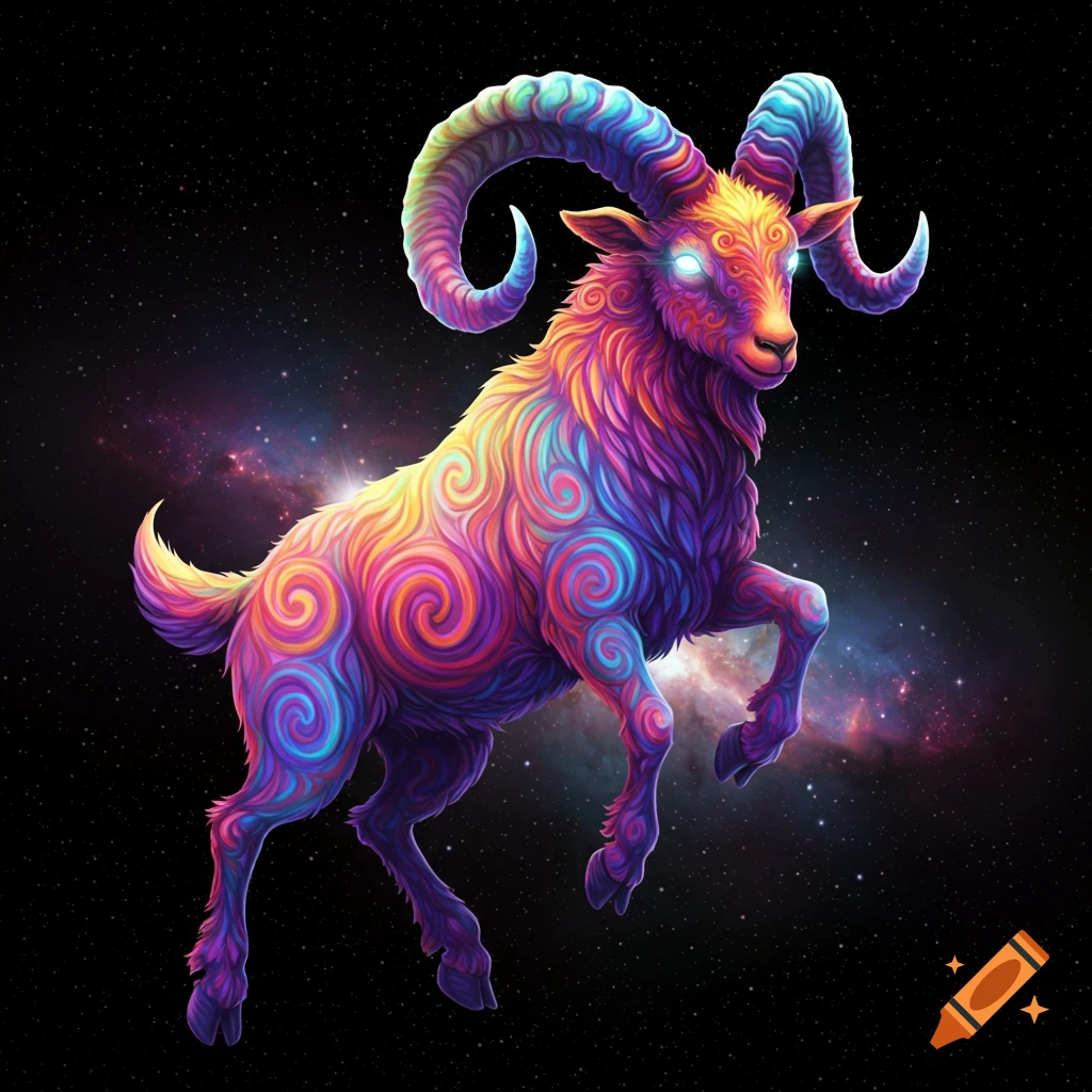 A colorful ram or goat with swirling psychedelic patterns floats in space.