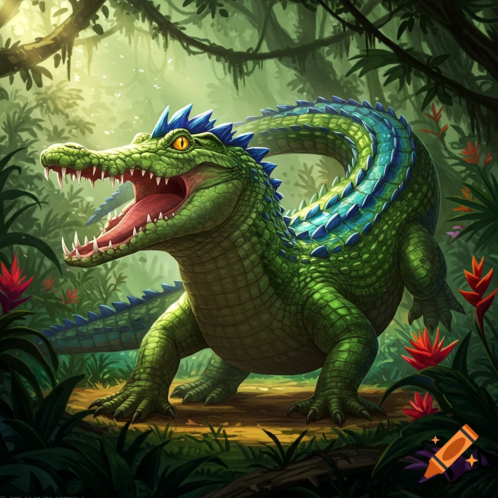 A green and blue cartoon alligator with its mouth open stands in a vibrant jungle.