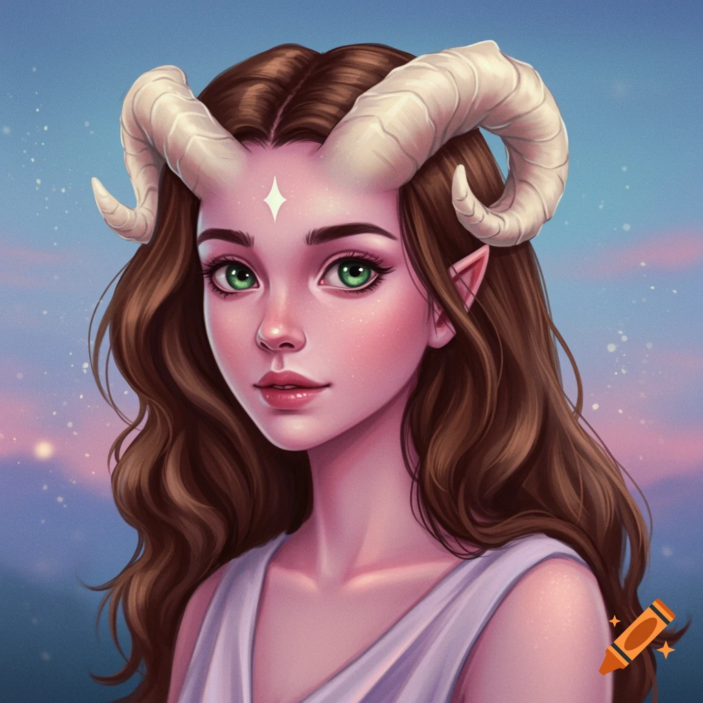 A young fantasy woman with horns and elf ears is depicted against a twilight sky.