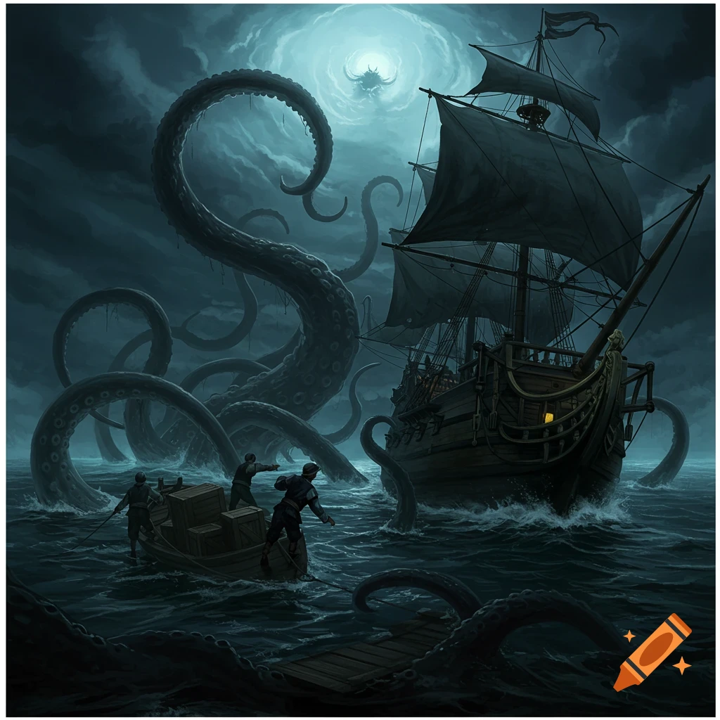 A sailing ship and boat are attacked by giant sea monster tentacles in a storm.