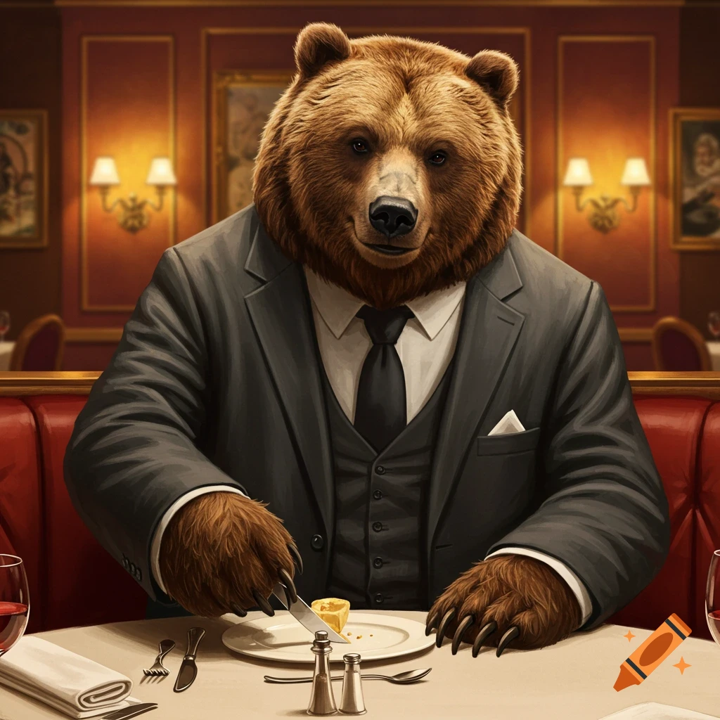 A bear in a suit eating at a restaurant table