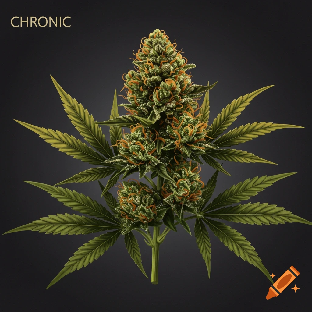 A cannabis bud with leaves and the word CHRONIC.