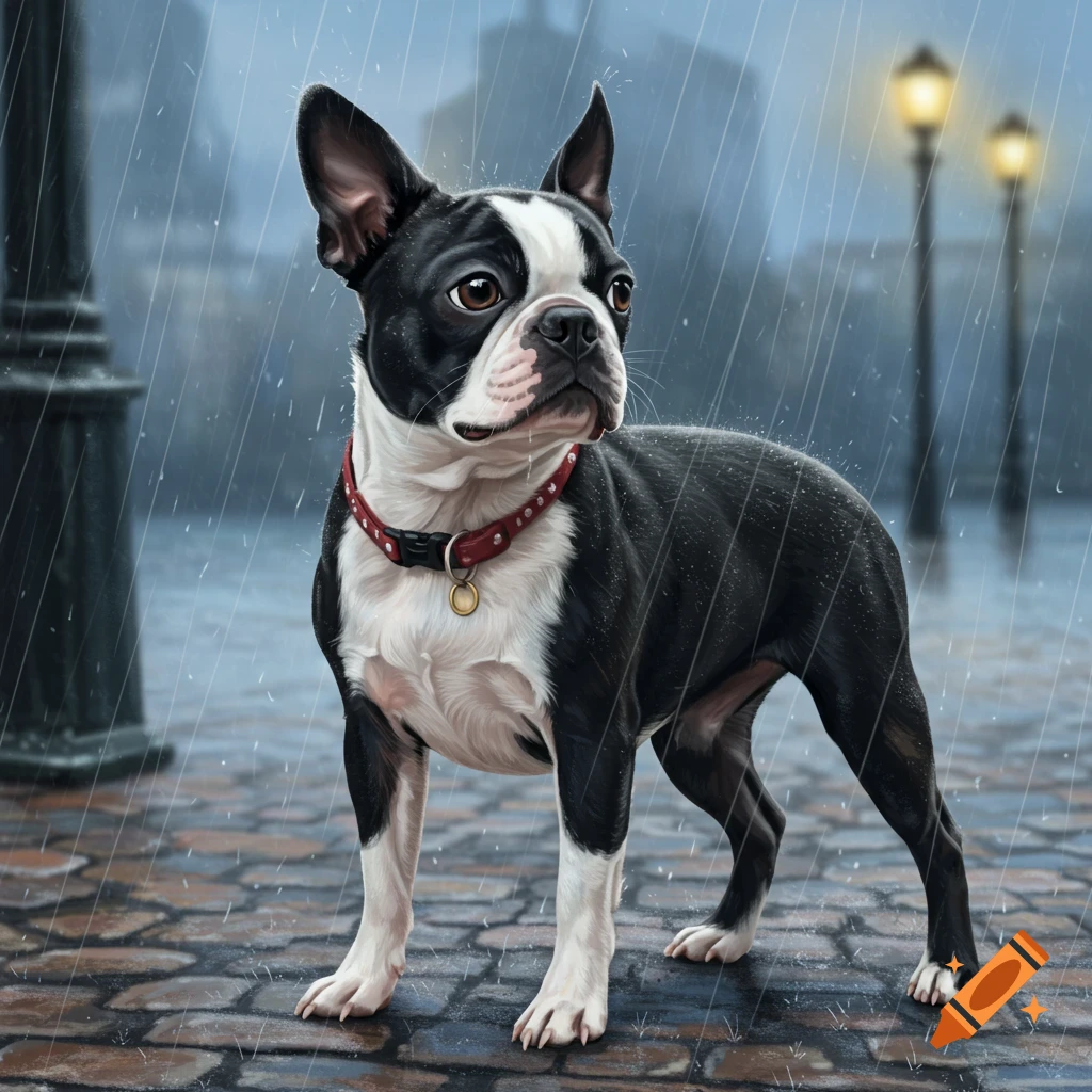 A Boston Terrier stands on a cobblestone street in the rain.