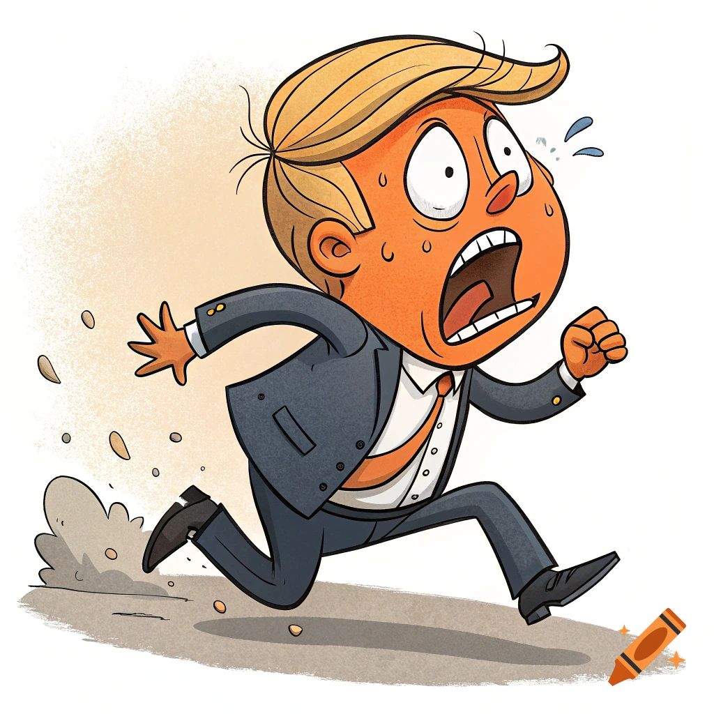 Cartoon illustration of a man resembling Donald Trump with an orange face running away with a scared expression.