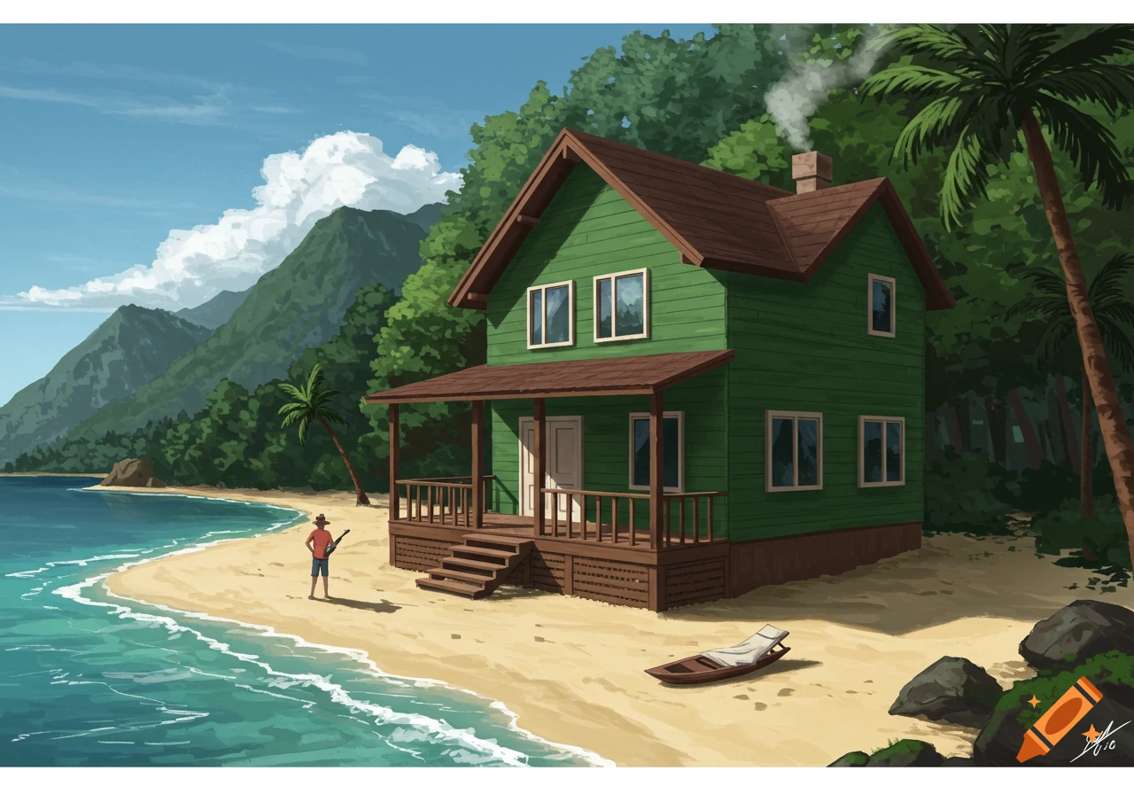 A green house sits on a sandy beach backed by a forest, with a person standing near the water and a small boat on the sand.