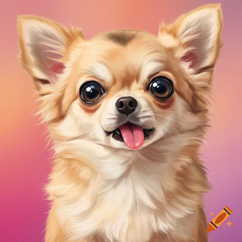 A cute light brown Chihuahua dog looking forward with its tongue sticking out, against a pink and purple gradient background.