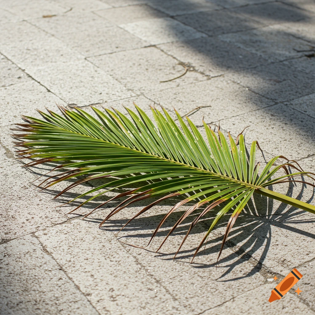 A green palm frond lying on a stone-tiled ground.